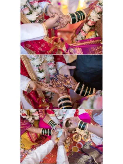 A detailed collage of various hand rituals during a Maharashtrian wedding, including kanyadaan and the holding of hands, symbolizing their union.