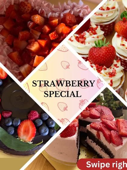A collage showcasing the variety of my strawberry specials. It includes a heart-shaped cake, cupcakes, a chocolate berry gateaux, and a mousse cake, highlighting the versatility of this seasonal fruit.