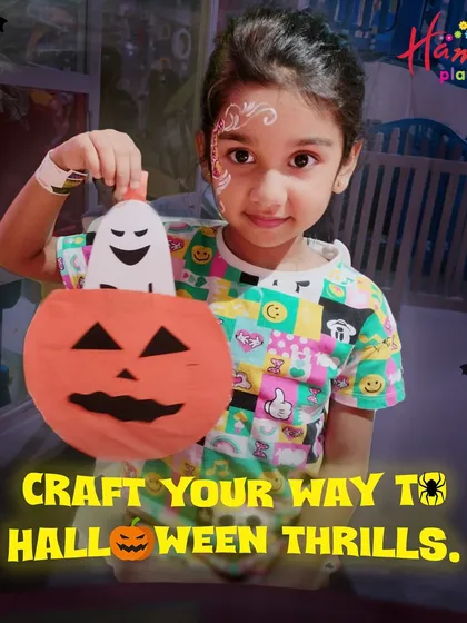 Craft your way to Halloween thrills! A young girl with festive face paint holds up her peek-a-boo pumpkin bag, ready for some trick-or-treating fun.
