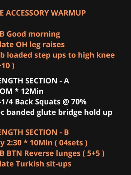 An example of our core and accessory warm-up. We start sessions with movements like BB Good Mornings and loaded step-ups to activate key muscles and prepare the body for the strength work ahead.