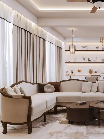 A visualization of a classic-modern living area, featuring an L-shaped sofa with elegant wood trim. The render focuses on the soft upholstery and the warm, inviting lighting from the backlit shelves.