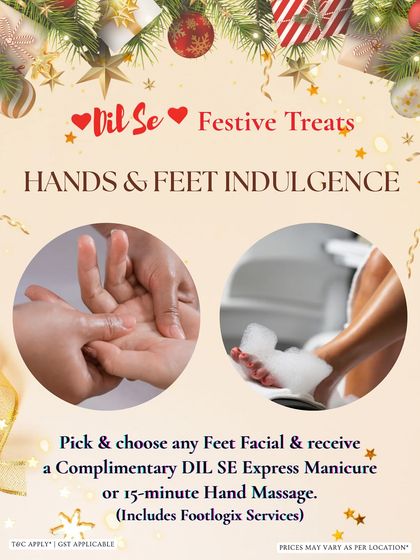 Our "Hands & Feet Indulgence" festive offer. Treat yourself to a foot facial and receive a complimentary express manicure or a relaxing hand massage.