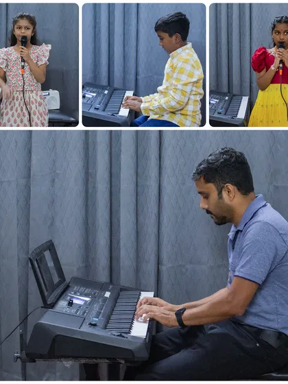 A collage of students singing and playing the keyboard at our BEML branch.