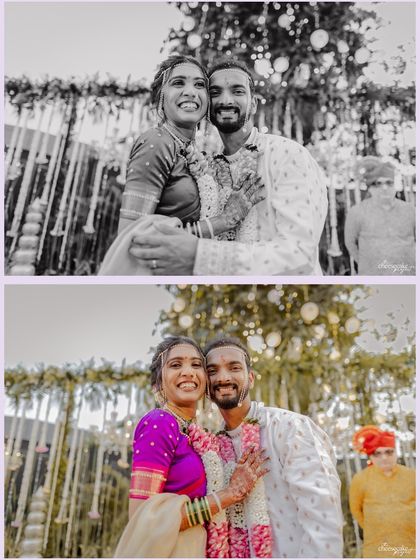 A happy couple portrait, shown in both black and white and color to highlight different moods.