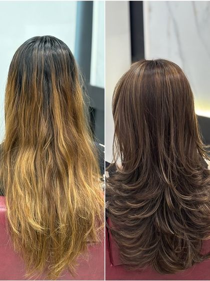 A back view of the cut and color correction, showing the beautiful new layers and blended highlights.