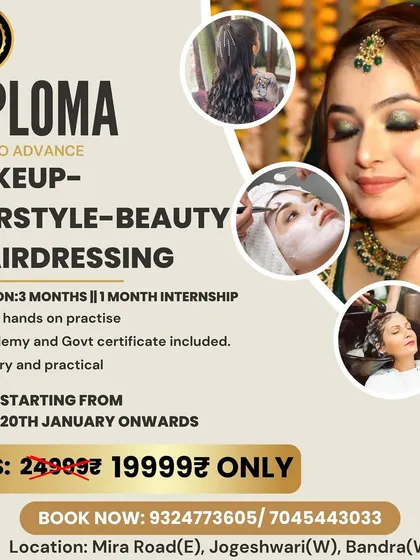 This poster details my 3-month diploma program covering basic to advanced makeup, hairstyle, beauty, and hairdressing. It includes daily hands-on practice and a one-month internship to ensure you are job-ready.