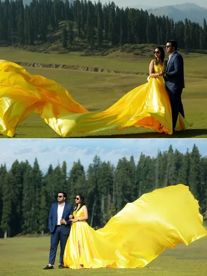 The drama of a flowing gown in the Kashmir valley. I use elements like this long, vibrant yellow train to add movement and a cinematic quality to my photographs, turning a beautiful landscape into a dynamic scene from your love story.