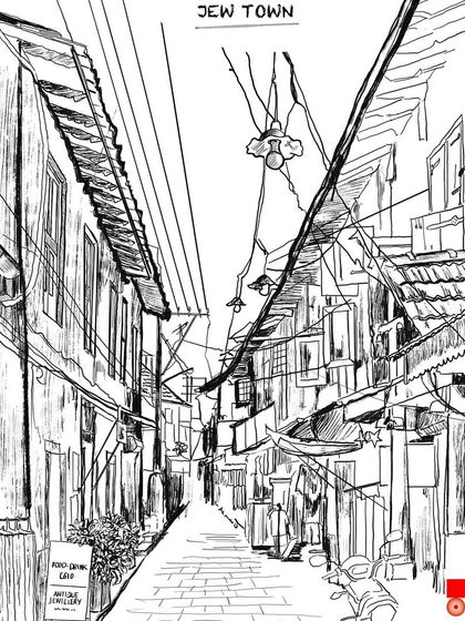 A pen and ink style digital sketch of Jew Town in Fort Kochi. This illustration captures the nostalgic atmosphere of the narrow lanes, historic architecture, and tangled wires of this unique neighborhood.