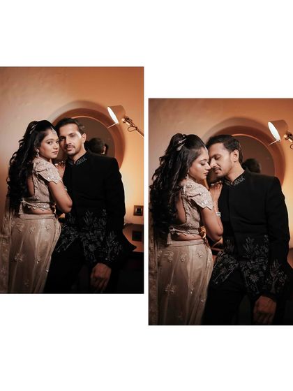 A diptych showing the couple in both a posed and a candid, intimate moment.