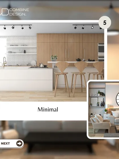 A graphic showcasing the "Minimal" design style, featuring clean lines, a neutral palette, and uncluttered spaces.