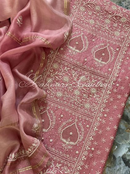 This image highlights the rich embroidery on the main body of the kurta, where traditional Chikankari is enhanced with sequins.