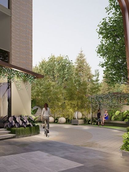 The entrance to a clubhouse, framed by a copper-toned pergola with integrated greenery. The design uses sculptural forms and a mix of materials to create an artistic and welcoming transition into the amenity space.
