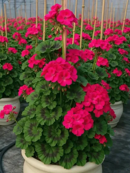 A stunning, deep pink Geranium plant in a decorative pot, trained to grow tall for a dramatic floral display.