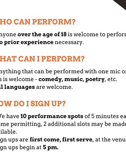 Information about our weekly Open Mic Saturdays. Anyone over 18 is welcome to perform comedy, music, poetry, and more. Sign-ups are first-come, first-serve.