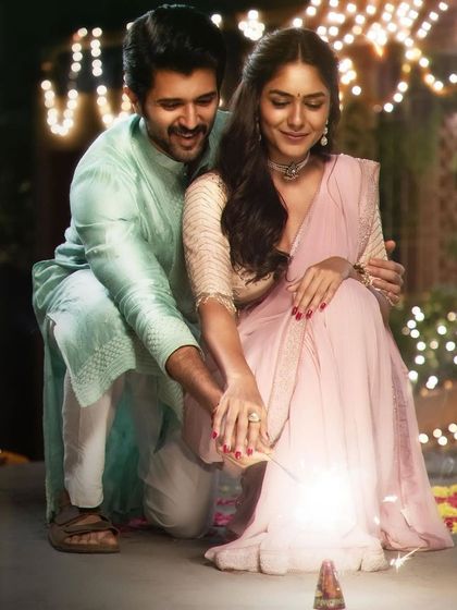 A beautiful still from the movie 'Family Star'. I had the pleasure of styling both Vijay Deverakonda and Mrunal Thakur for this festive scene, creating complementary looks in soft pastel shades.