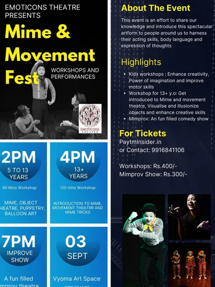 A double bill poster featuring the Bengali play "Ballabhpurer Roopkotha" and the "Mime & Movement Fest" workshop and performance.
