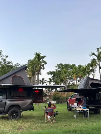 Another angle of the impressive camping rigs at our farm. With plenty of open space, it's an ideal spot for van life enthusiasts and weekend explorers.