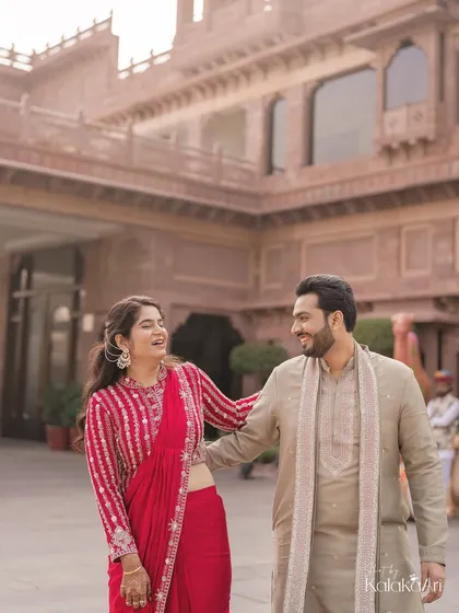 A candid moment of laughter as the couple walks together. These unposed interactions often make for the most cherished photographs.