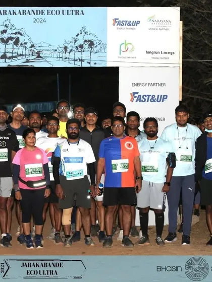 The starting line of the Jarakabande Eco Ultra, where runners gather before taking on the forest trails. We ensure every race begins with high energy and clear instructions for all participants.