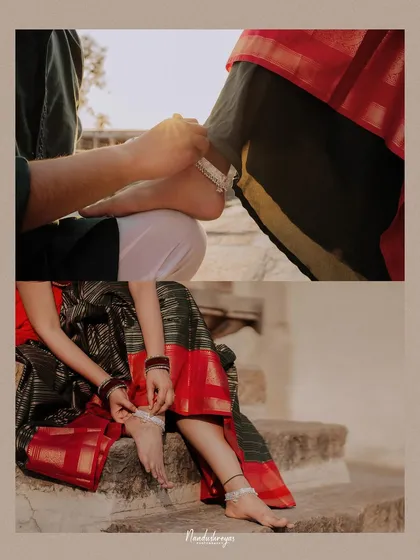 A two-panel detail shot focusing on the traditional anklets, showing both the groom helping the bride and the bride adjusting them herself.
