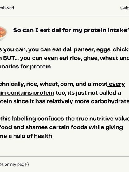 This infographic series tackles the viral claim that "dal is not a protein." I break down the nutritional facts, the importance of cultural context, and why labeling foods as just "carbs" or "protein" strips them of their true value. Ultimately, your digestion and the overall balance of your diet matter more than macronutrient labels.