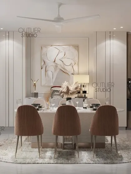 A recipe for dining perfection. This dining space is defined by a large abstract art piece and modern chairs, creating an elegant setting for meals. Vertical wood paneling adds texture and warmth.