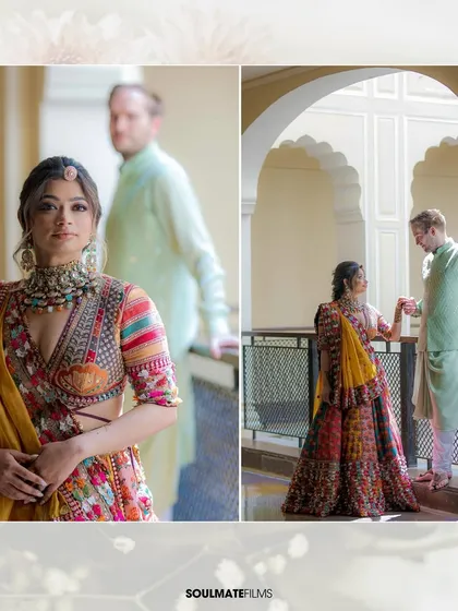 A collage of portraits from a Mehendi ceremony at a palace. The architectural details and the couple's interactions create a story of regal romance.