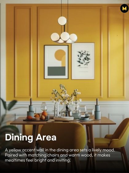 A yellow accent wall in the dining area sets a lively mood. Paired with matching chairs and warm wood, it makes mealtimes feel bright and inviting.