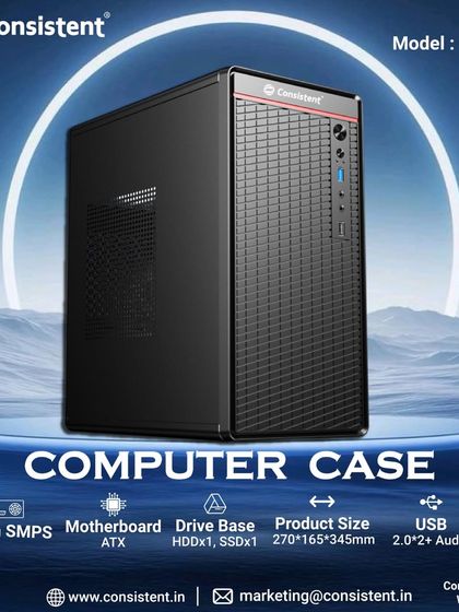The CIE108 computer case features a textured front panel and a compact design suitable for ATX motherboards. It comes with an included SMPS, making it a convenient and cost-effective choice for office or home use.