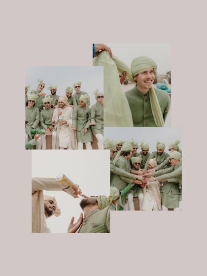 A collage of candid, fun moments with the groomsmen. These shots capture the real, unscripted banter and celebration that happens behind the scenes.