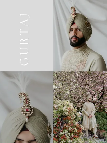 A collage focusing on the details of the groom's attire, from his elegant sherwani to the intricate kalgi on his turban. These shots celebrate the style and personality of the groom.