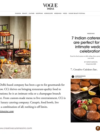 We are honored to be recognized by Vogue India as a top choice for intimate wedding celebrations. This feature highlights our ability to deliver restaurant-quality food and bespoke menus for any occasion, from a roka to a grand reception.