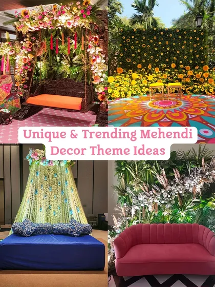 A collage of our unique and trending Mehendi decor themes, including "Carnival Extravaganza," "Floral Fantasy," "Boho Fiesta," and "Retro Disco."