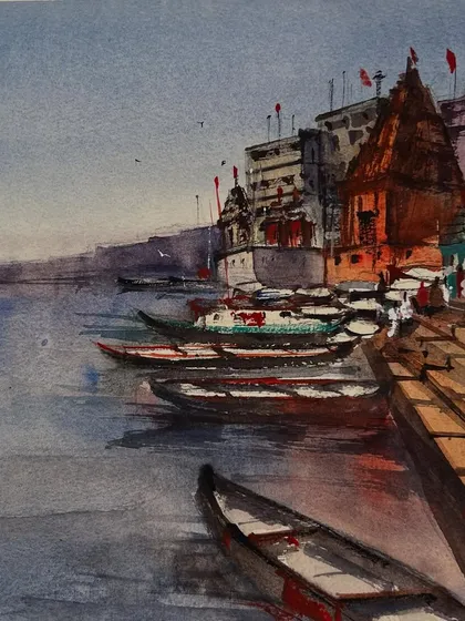 A watercolor painting of a Varanasi ghat, a place that holds so many dear memories for me. Using Daniel Smith watercolors on Baohong cold press paper, I aimed to capture the serene yet vibrant atmosphere of the boats resting by the ancient steps.