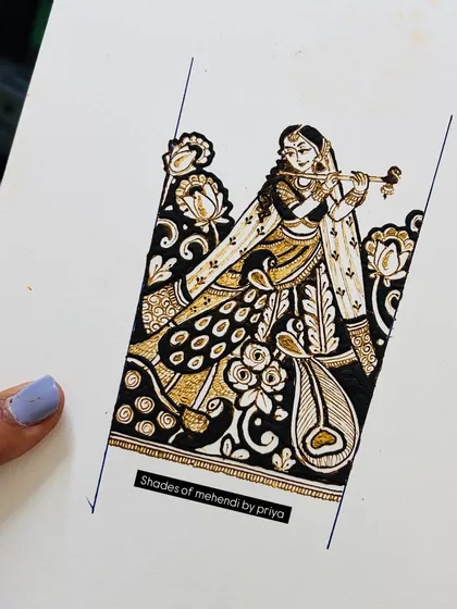 A practice sketch of a beautiful figure of Meera Bai playing the flute. Practicing such intricate figures helps in developing fine motor skills and an eye for detail.