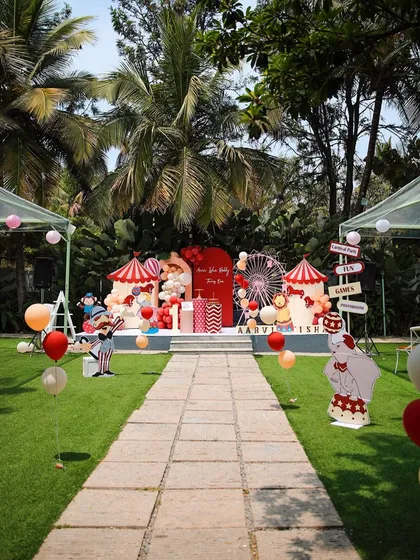 Another view of the grand circus-themed birthday party at Farmhouse Collective, showcasing the impressive stage setup and festive atmosphere.