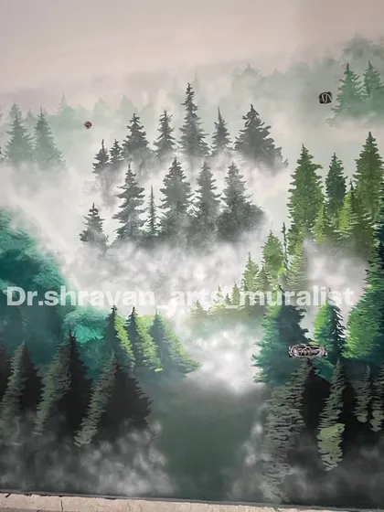 My first attempt at airbrushing to create this misty forest mural. This technique allowed me to achieve a soft, foggy effect, giving the wall a sense of deep, mysterious nature.