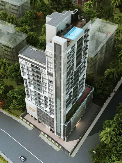 An aerial render of Haresh Bhuvan, showing the rooftop pool and amenities. The design provides residents with luxury living spaces that include stunning city views and exclusive recreational facilities.
