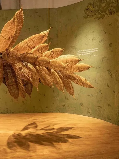 We find poetry in traditional materials and forms. This sculptural rendition for 'Edge of the Forest' uses a cluster of traditional 'Lu' fish traps from Manipur. Set against a bamboo forest and an evening landscape of fireflies, the installation becomes an evocative context for healing through ancestral wisdom and craft.