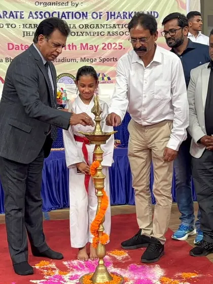 Participating in the lamp lighting ceremony at the Jharkhand State Championship. This signifies the start of the competition and our shared commitment to the spirit of karate.