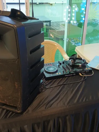 The DJ and sound system setup we provide for events. We manage all technical production, including music and lighting, to create the right party atmosphere.