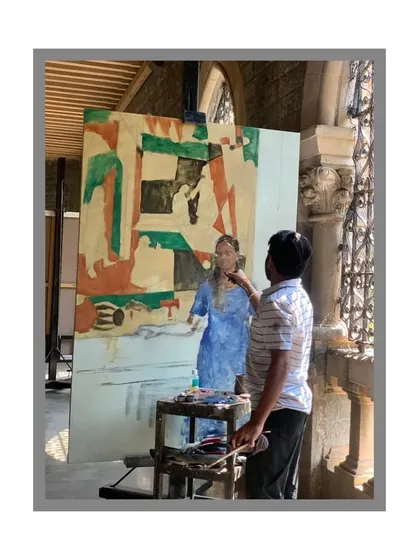 A shot of me working on the "Confused" painting, showing how I build the composition directly on the canvas.