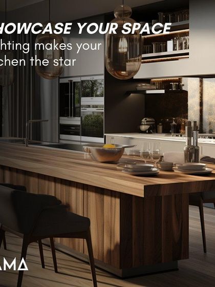 Showcase your space. The right lighting makes your kitchen the star. Here, beautiful glass pendant lights draw attention to the dining table, while subtle backlighting highlights the open shelving.