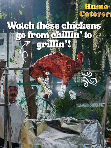 From chillin' to grillin'. A whole chicken being prepared on our live rotisserie, a process that ensures it's juicy, tender, and full of flavor.