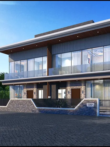 A frontal view of the La-Sierra twin villas. The design uses a combination of stone, wood-finish panels, and large glass windows to create a modern yet warm aesthetic that blends with the natural surroundings of Lonavala.