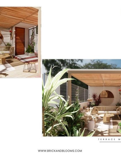 Another angle of the tropical-themed terrace, showing how the bamboo pergola creates a warm, filtered light. This structure is key to achieving the relaxed, earthy vibe of the space.