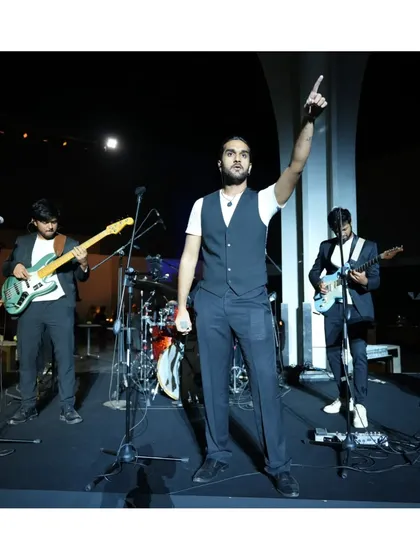 A shot from our performance for Budweiser. Here you can see our vocalists and guitarists on stage during a corporate event.