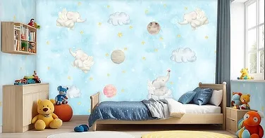 A dreamy and whimsical wallpaper featuring cute elephants floating among clouds and planets against a soft blue sky. This gentle design is perfect for a baby's nursery.