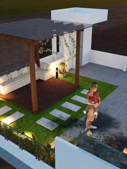 A 3D render showing a complete terrace with a pergola, water feature, and glass railing.