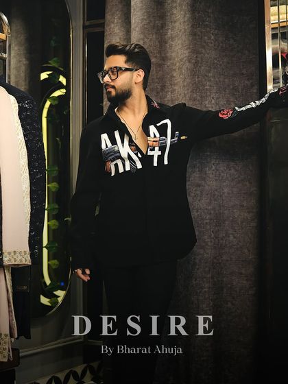 A full-length shot of the AK-47 shirt in my studio. This is designer detail meets everyday wearability, for a look that is unforgettable.